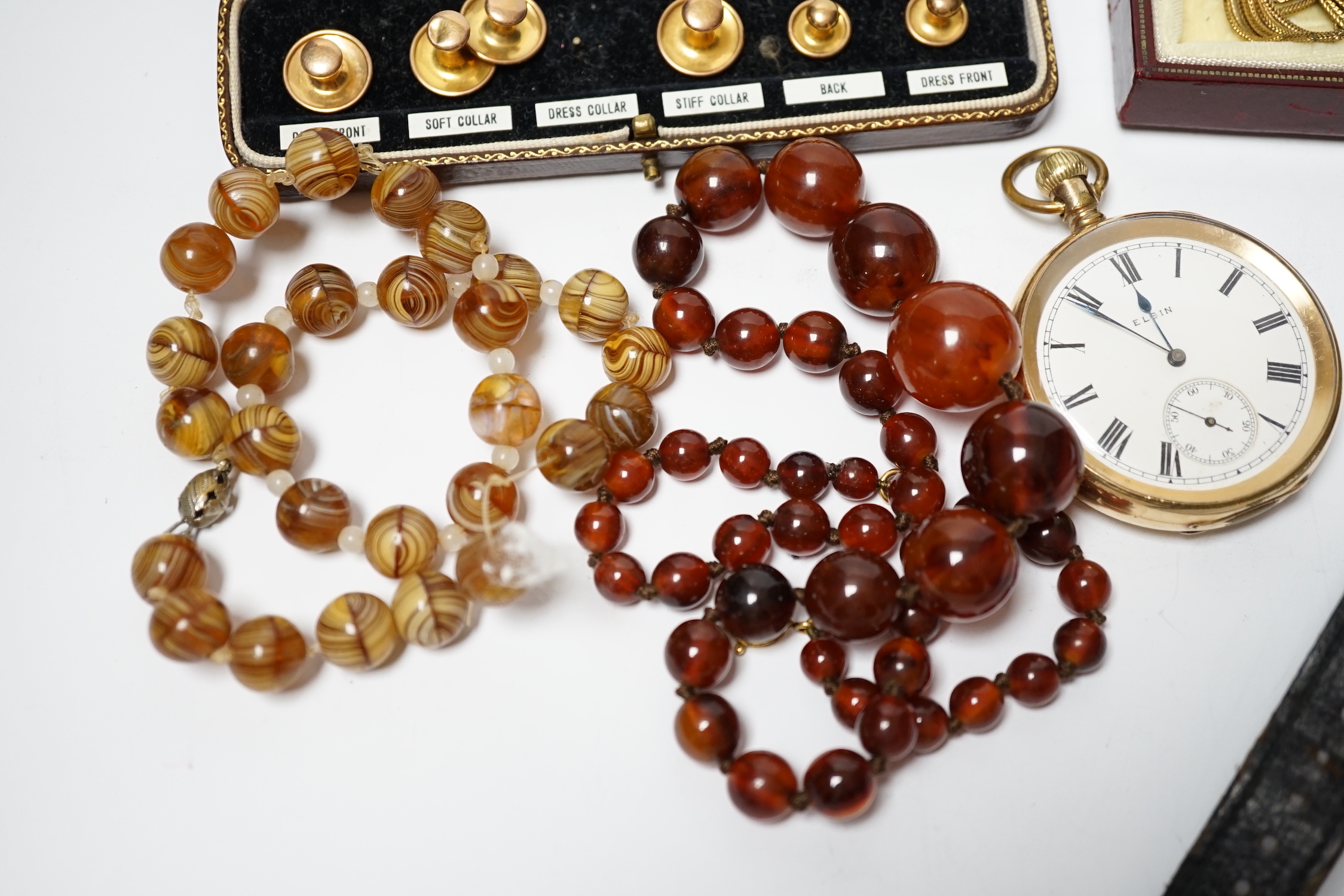 A pair of gilt metal Christian Dior tassel drop earrings and other jewellery, a wrist watch, pocket watch and a 9ct six piece dress stud set.
